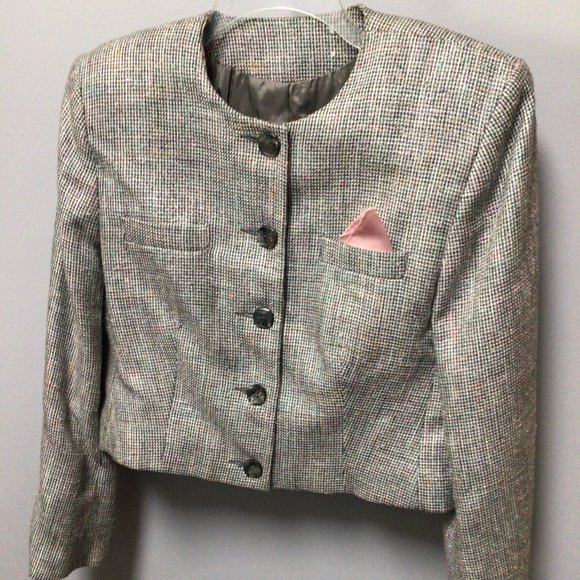 Vintage Grey/Black Tweed Jacket/Skirt Suit with pastel color flecks - Picture 8 of 11